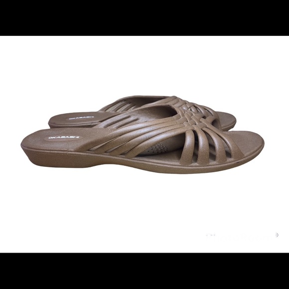 Okabashi Venice Jelly Slides Woven Straps Sz L Chocolate Brown Made in USA - Picture 5 of 8